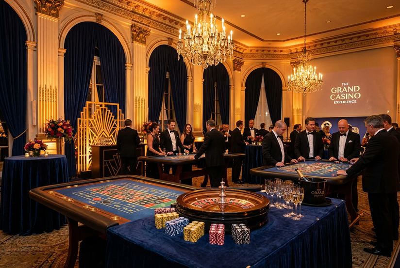 Casino event decor with elegant lighting, roulette table, and Art Deco details