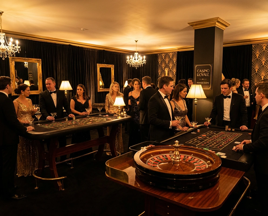 Elegant casino event with guests at roulette and blackjack tables, chandeliers, and Art Deco decor