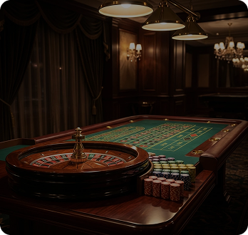 American Roulette table with wooden wheel, green felt, and chips — classic casino setting