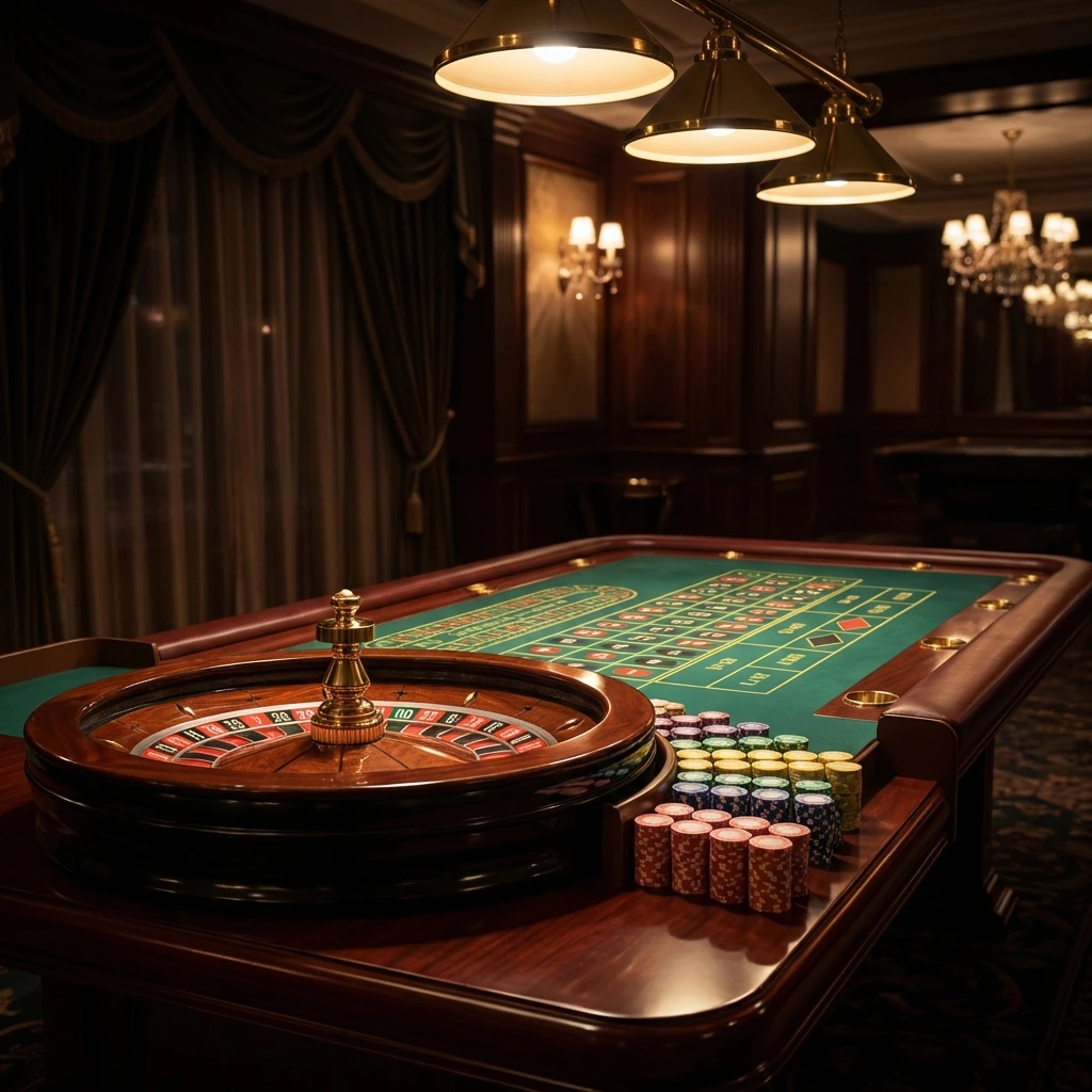 American Roulette table with wooden wheel, green felt, and chips — classic casino setting
