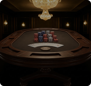 Poker table with community cards, hole cards, and stacks of chips — high-stakes atmosphere