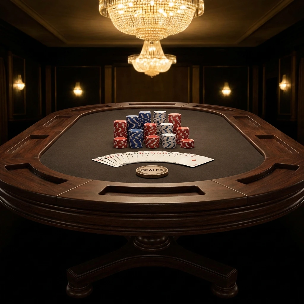 Poker table with community cards, hole cards, and stacks of chips — high-stakes atmosphere