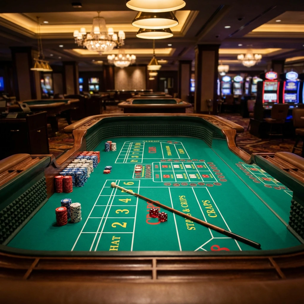 Craps table with dice, chips, and players — lively casino environment