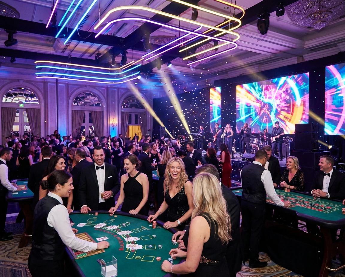 Las Vegas themed casino night with neon lights, colorful roulette wheel, and energetic table game atmosphere