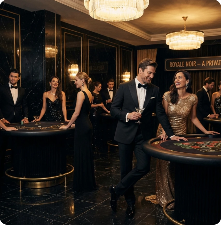 Sophisticated James Bond–themed casino night: black marble tables, tuxedos, elegant guests