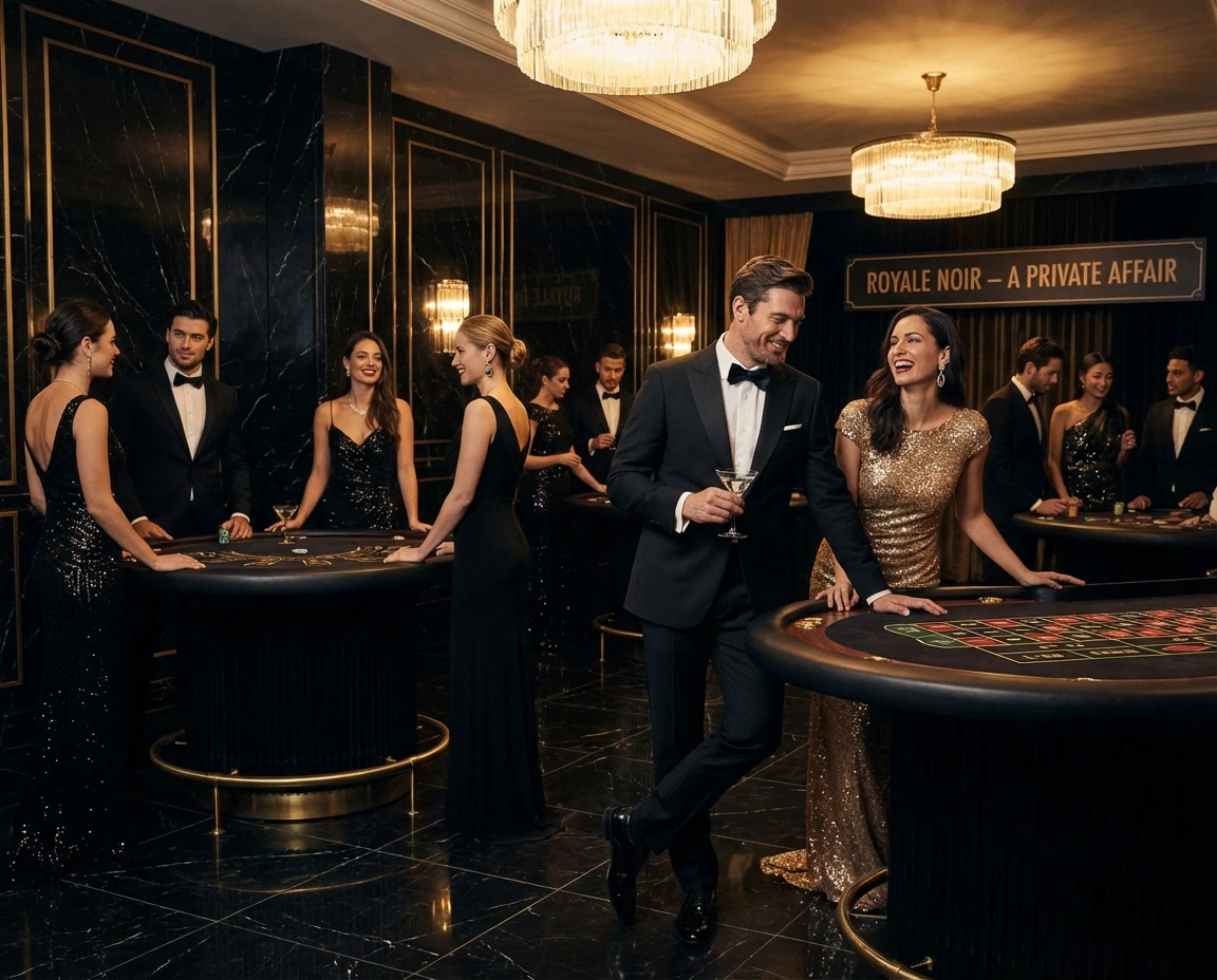 James Bond inspired casino setup with black and gold decor, elegant poker table, and sophisticated lighting